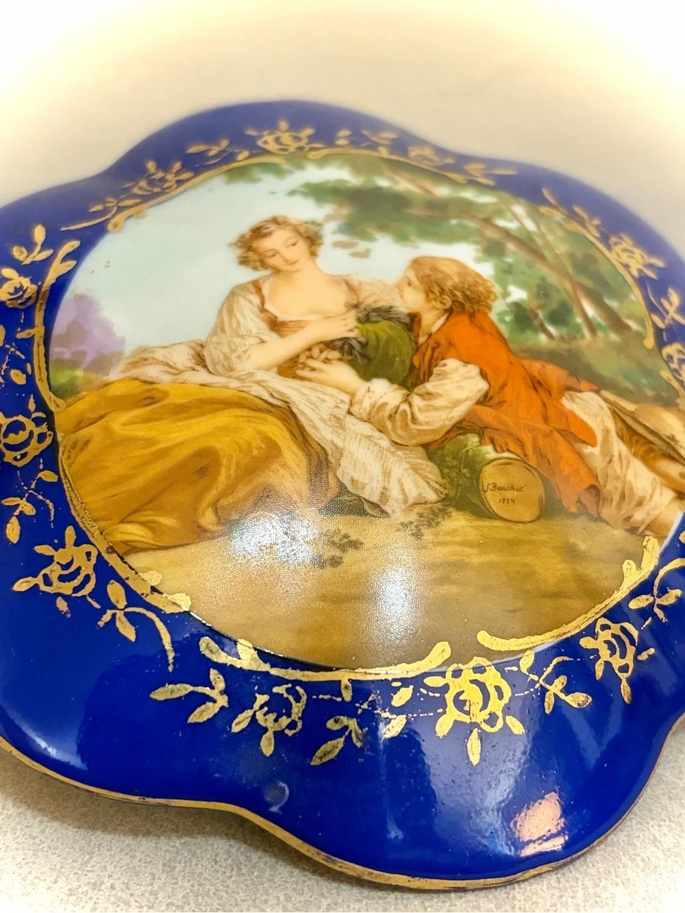 RS Prussia Reproduction Trinket Box Victorian Lovers Blue Gold Porcelain